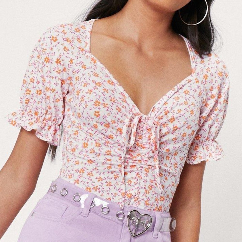 Nasty Gal Floral Bodysuit - White and Orange